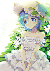 Rule 34 | 1girl, artist name, blue eyes, blue hair, blush, chromatic aberration, closed mouth, commentary request, dated, day, dress, flower, frown, hat, hat flower, highres, layered dress, leaf, original, rugo, short hair, solo, strapless, strapless dress, sun hat, sundress, sunlight, v arms, white dress, white flower, white hat