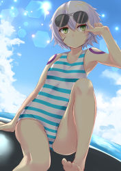 Rule 34 | 1girl, adjusting eyewear, arm support, arm up, armpits, backlighting, bad id, bad pixiv id, bare arms, bare legs, bare shoulders, barefoot, blue one-piece swimsuit, blue sky, breasts, casual one-piece swimsuit, cloud, collarbone, commentary, day, elusya, facial scar, fate/grand order, fate (series), from below, green eyes, grey hair, hair between eyes, head tilt, highres, horizon, jack the ripper (fate/apocrypha), knee up, lens flare, looking at viewer, ocean, one-piece swimsuit, parted lips, scar, scar across eye, scar on cheek, scar on face, short hair, sitting, sky, slit pupils, small breasts, solo, striped clothes, striped one-piece swimsuit, sun, sunglasses, sunlight, swimsuit, tattoo, white one-piece swimsuit