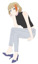 Rule 34 | 1girl, :3, akitetsu, black shirt, blue eyes, blue footwear, braid, breasts, closed mouth, crop top, full body, grey pants, half-closed eyes, hand on own chin, head rest, high heels, highres, invisible chair, leaning forward, light brown hair, looking at viewer, medium bangs, medium breasts, midriff, multicolored hair, nanashi inc., official alternate costume, open fly, orange hair, pants, shirt, shoe dangle, short hair, simple background, sitting, sleeveless, sleeveless shirt, smile, smug, solo, touri sei, touri sei (2nd costume), turtleneck, two-tone hair, virtual youtuber, white background