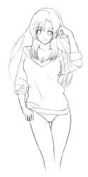 Rule 34 | 00s, 1girl, bottomless, greyscale, kazami mizuho, lace, lace-trimmed panties, lace trim, lineart, monochrome, no pants, onegai teacher, panties, shima-shuu, sleeves pushed up, sleeves rolled up, solo, standing, sweater, thigh gap, thighs, underwear