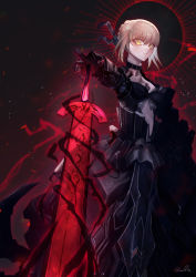 Rule 34 | 1girl, absurdres, armor, armored dress, artoria pendragon (all), artoria pendragon (fate), belt, black armor, black dress, black ribbon, blonde hair, braid, breastplate, breasts, camellia (s kamellia), closed mouth, cutout above navel, dress, eclipse, excalibur morgan (fate), fate/stay night, fate (series), french braid, gauntlets, hair bun, hair ribbon, highres, looking at viewer, ribbon, saber alter, sidelocks, single hair bun, small breasts, solo, standing, sword, weapon, yellow eyes