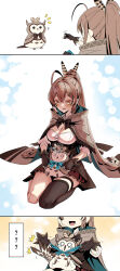 Rule 34 | 1girl, ?, ??, absurdres, ahoge, asymmetrical legwear, belt, brown capelet, brown cloak, brown corset, brown eyes, brown hair, bubble, bubble background, capelet, cloak, corset, crossed bangs, gloves, hair ornament, hairclip, highres, hololive, hololive english, hooman (nanashi mumei), miniskirt, multicolored hair, nanashi mumei, nanashi mumei (1st costume), notice lines, on lap, partially fingerless gloves, pleated skirt, red skirt, ribbon, seiza, shirt, single thighhigh, sitting, skirt, smile, strangling, streaked hair, surprised, taka t, thighhighs, virtual youtuber, white shirt