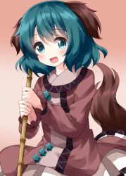 Rule 34 | 1girl, :d, animal ears, bamboo broom, broom, brown background, commentary request, cowboy shot, dog ears, dog tail, gradient background, green eyes, green hair, highres, holding, holding broom, kasodani kyouko, long sleeves, looking at viewer, open mouth, ruu (tksymkw), short hair, smile, solo, standing, tail, touhou