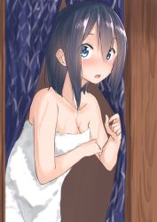 Rule 34 | 1girl, alternate hairstyle, black hair, blue eyes, blush, breasts, cleavage, collarbone, commentary request, eyebrows, hair between eyes, highres, kyoo-kyon (kyo-kyon), looking at viewer, naked towel, open mouth, original, short hair, small breasts, solo, surprised, suzunari shizuku, towel, yuki arare