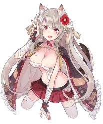 Rule 34 | 1girl, aged up, animal ears, asymmetrical bangs, azur lane, bandaged arm, bandages, black gloves, breasts, cleavage, cloak, collar, collarbone, cowboy shot, dog ears, dog tail, fang, fingerless gloves, floral print, flower, gloves, hair flower, hair ornament, higashigure, highres, long hair, medium breasts, midriff, miniskirt, nail polish, open clothes, open mouth, panties, panty peek, pleated skirt, red eyes, red nails, sarashi, side-tie panties, silver hair, simple background, skirt, solo, spiked collar, spikes, straight hair, tail, tassel, thick eyebrows, thighhighs, thighs, topless male, underwear, v, white background, white thighhighs, yuudachi (azur lane), yuudachi (shogun of snowballs) (azur lane), zettai ryouiki