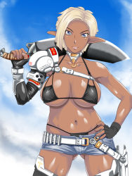 Rule 34 | 1girl, bikini, black bikini, blonde hair, blue eyes, breasts, breasts apart, dark-skinned female, dark elf, dark skin, denim, denim shorts, elf, female focus, fingerless gloves, gloves, hand on own hip, hip focus, large breasts, looking at viewer, mole, mole under eye, original, pointy ears, short shorts, shorts, shoulder pads, solo, swimsuit, sword, tetsukui, thighhighs, weapon
