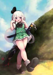 Rule 34 | 1girl, belt, black bow, black bowtie, black hairband, black socks, blue eyes, blue sky, blush, bob cut, bobby socks, border, bow, bowtie, clear sky, commentary request, flower, frilled skirt, frills, full body, ghost, green skirt, green vest, hairband, harii (janib5kc), highres, hill, hitodama, hitodama print, katana, knees, konpaku youmu, konpaku youmu (ghost), loafers, looking at viewer, looking to the side, open mouth, outdoors, parted bangs, pink flower, puffy short sleeves, puffy sleeves, scabbard, sheath, shirt, shoes, short hair, short sleeves, silver hair, skirt, sky, socks, solo, sword, tassel, thighs, tongue, touhou, vest, walking, weapon, weapon on back, white shirt, white socks