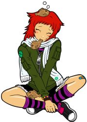 Rule 34 | 1girl, bandaid, bandaid on knee, bandaid on leg, closed eyes, converse, food, full body, jacket, kneehighs, kzm, mouth hold, object on head, polka dot, red hair, scarf, shoes, shorts, sitting, sneakers, socks, solo, striped clothes, striped socks, taiyaki, wagashi, zipper