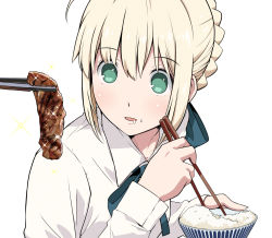 Rule 34 | 1girl, artoria pendragon (all), artoria pendragon (fate), bishoujo senshi sailor moon, bishoujo senshi sailor moon s, blonde hair, blue neckwear, blue ribbon, bowl, braid, chopsticks, commentary request, derivative work, drooling, fate/stay night, fate (series), food, food on face, french braid, green eyes, hair ribbon, holding, holding bowl, long sleeves, meat, meme, parody, ribbon, rice, rice on face, saber (fate), sailor moon redraw challenge (meme), shirt, short hair, simple background, solo, tsukumo (soar99), upper body, white background, white shirt