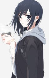 Rule 34 | 1girl, absurdres, aspara, bandaid, bandaid on hand, black hair, closed mouth, cup, expressionless, from side, grey background, grey eyes, highres, holding, holding cup, hood, hoodie, jacket, jacket on shoulders, long hair, long sleeves, looking at viewer, original, sidelocks, simple background, solo, upper body, zipper