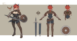 Rule 34 | 1girl, armor, belt, belt buckle, bird, boots, breasts, buckle, character sheet, commentary, dpin (user adhr8855), dragon girl, dragon horns, english commentary, english text, full body, highres, holding, holding shield, holding sword, holding weapon, horns, looking at viewer, medium breasts, multiple views, orange eyes, original, pointy ears, red hair, sheath, shield, silka (dpin), slit pupils, standing, sword, thigh boots, weapon
