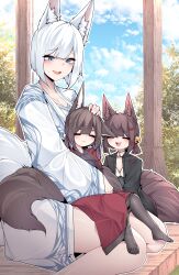 Rule 34 | 3girls, :d, = =, absurdres, akagi-chan (azur lane), amagi-chan (azur lane), animal ears, azur lane, bare legs, bell, black kimono, blue eyes, blush, brown hair, closed eyes, day, eyeshadow, facing viewer, fox ears, fox girl, fox tail, full body, hair bell, hair ornament, hairclip, hand on another&#039;s head, hand up, happy, headpat, highres, hug, hug from behind, japanese clothes, kaga (azur lane), kimono, kitsune, long sleeves, looking at another, looking down, makeup, medium hair, multiple girls, multiple tails, open mouth, outdoors, red eyeshadow, red kimono, samip, short hair, sitting, sitting on person, sitting on thigh, slit pupils, smile, tail, teeth, thighhighs, thighs, upper teeth only, white hair, white kimono, wide sleeves