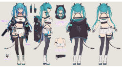 Rule 34 | 1girl, :d, animal ears, animal hood, arrow (symbol), bare shoulders, black gloves, black jacket, black thighhighs, blue eyes, blue hair, blue nails, boots, breasts, character sheet, cleavage, closed mouth, copyright request, crop top, cross-laced footwear, fake animal ears, fang, fang out, fingerless gloves, gloves, grey background, gun, hair between eyes, hair ornament, hairclip, handgun, highres, holding, holding gun, holding weapon, hood, hood down, hood up, hooded jacket, jacket, lace-up boots, long hair, medium breasts, midriff, multiple views, nail polish, navel, off shoulder, open clothes, open jacket, open mouth, pistol, pleated skirt, skirt, smile, standing, tail, thighhighs, thighhighs under boots, translation request, twintails, two side up, very long hair, virtual youtuber, vivi (eve no hakoniwa), weapon, white footwear, white skirt, x hair ornament