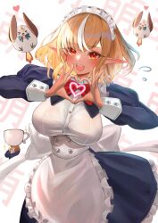 Rule 34 | 1girl, absurdres, apron, blonde hair, blush, breasts, commentary request, cup, dark elf, elf, elfriend (shiranui flare), flying sweatdrops, heart, highres, hololive, lack (character), large breasts, long sleeves, looking at viewer, maid, maid apron, maid headdress, maison de cante, open mouth, pointy ears, shiranui flare, solo, teacup, teeth, tongue, virtual youtuber, white hair