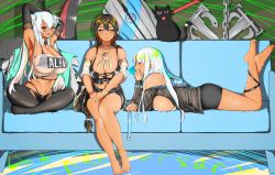 Rule 34 | 3girls, :d, absurdres, alabama (azur lane), armpits, arms up, azur lane, bandeau, bare legs, bare shoulders, bikini, bikini under clothes, black bikini, black cat, black gloves, black jacket, black legwear, bracelet, breasts, brown eyes, cat, cleavage, clothes writing, collar, commentary request, couch, elbow gloves, facial mark, gloves, hair between eyes, highres, indian style, jacket, jewelry, large breasts, long hair, looking at viewer, lying, massachusetts (azur lane), midriff, multiple girls, navel, necklace, off shoulder, on stomach, open mouth, profile, red eyes, silver hair, sitting, smile, south dakota (azur lane), stomach, strapless, swimsuit, tube top, unijou ri, very long hair, whisker markings