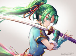 Rule 34 | 1girl, aqua gloves, blue shirt, breasts, clear glass (mildmild1311), closed mouth, fingerless gloves, fire emblem, fire emblem: the blazing blade, floating hair, from side, gloves, green eyes, green hair, grey background, hair between eyes, hair ornament, high ponytail, highres, holding, holding sword, holding weapon, katana, long hair, lyn (fire emblem), medium breasts, nintendo, shirt, short sleeves, smile, solo, sword, twitter username, upper body, very long hair, weapon