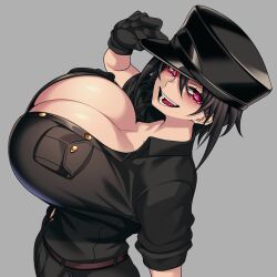 Rule 34 | 1girl, absurdres, black hair, black shorts, breast pocket, breasts, breasts day, buttons, cleavage, commentary, commentary request, from side, gloves, good breasts day, hand on headwear, hand up, hat, hat over one eye, hat tip, highres, huge breasts, hz (666v), impossible clothes, impossible shirt, looking at viewer, midriff, original, partially unbuttoned, pink eyes, pocket, shirt, short hair, short sleeves, shorts, simple background, smile, solo, stomach, thighs, upper body, white background, zepia (camui kamui)