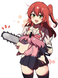Rule 34 | 2girls, absurdres, black skirt, black thighhighs, bocchi the rock!, chainsaw, chainsaw man, emphasis lines, fusion, gotoh hitori, green eyes, hair between eyes, highres, hinghoi, holding, holding chainsaw, holding weapon, jacket, kita ikuyo, long hair, looking at viewer, medium hair, multiple girls, one side up, open mouth, pink hair, pink track suit, pochita (chainsaw man), red hair, school uniform, serafuku, shaded face, simple background, skirt, smile, thick thighs, thighhighs, thighs, tongue, tongue out, track jacket, weapon, white background, white serafuku