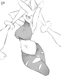 Rule 34 | 1girl, absurdres, animal nose, armpits, arms behind head, arms up, artist name, bare shoulders, blush, body fur, breasts, buck teeth, covered collarbone, cowboy shot, creatures (company), female focus, furry, furry female, game freak, gen 4 pokemon, greyscale, highres, large breasts, light blush, lopunny, mega lopunny, mega pokemon, monochrome, navel, nintendo, one eye covered, open mouth, pantyhose, pokemon, pokemon (creature), rabbit ears, rabbit girl, sasimigirl, shiny clothes, signature, simple background, sketch, solo, sports bra, stomach, teeth, torn clothes, torn pantyhose, white background