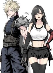 Rule 34 | 1boy, 1girl, anger vein, armor, baggy pants, bare shoulders, black gloves, black hair, black skirt, black thighhighs, blonde hair, blue eyes, breasts, buster sword, cloud strife, cowboy shot, crop top, earrings, final fantasy, final fantasy vii, final fantasy vii rebirth, final fantasy vii remake, fingerless gloves, gloves, hand on own hip, highres, jewelry, lakugali shiki, large breasts, long hair, looking at viewer, materia, midriff, navel, open mouth, pants, red eyes, short hair, shoulder armor, single arm guard, single bare shoulder, single earring, skirt, sleeveless, sleeveless turtleneck, spiked hair, standing, suspender skirt, suspenders, sweater, swept bangs, sword, tank top, thighhighs, tifa lockhart, turtleneck, turtleneck sweater, weapon, weapon on back, white background, white tank top, zettai ryouiki