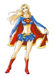 Rule 34 | 1girl, belt, blonde hair, blue eyes, boots, cape, dc comics, female focus, full body, highres, kryptonian, long hair, midriff, miniskirt, petri, red cape, red footwear, s shield, shoes, simple background, skirt, solo, standing, supergirl, superman (series), tank top, white background