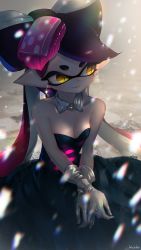 Rule 34 | + +, 1girl, bad id, bad twitter id, bare shoulders, black dress, black hair, blurry, breasts, callie (splatoon), chromatic aberration, cleavage, collarbone, commentary request, depth of field, detached collar, domino mask, dress, earrings, food, food on head, glint, gloves, glowing, gradient hair, highres, inkling, jewelry, kashu (hizake), lace, lace-trimmed collar, lace-trimmed dress, lace trim, lens flare, light, long hair, looking away, mask, mole, mole under eye, motion blur, multicolored hair, nintendo, object on head, parted lips, pink hair, pointy ears, shade, short eyebrows, sideways glance, signature, sitting, small breasts, smile, snowing, solo, splatoon (series), splatoon 1, strapless, strapless dress, sushi, tentacle hair, thick eyebrows, very long hair, white gloves, yellow eyes