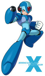 Rule 34 | 1boy, absurdres, arm cannon, armor, blue armor, blue helmet, character name, forehead jewel, full body, green eyes, hashtag-only commentary, helmet, hi-go!, highres, male focus, mega man (series), mega man x (series), simple background, solo, weapon, white background, x (mega man)