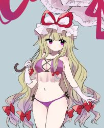 Rule 34 | 1girl, alternate costume, blonde hair, blue background, blush, bow, bra, breasts, closed mouth, commentary, covercarefree, dot mouth, gloves, hair bow, hat, hat ribbon, highres, holding, holding umbrella, long hair, looking to the side, mob cap, navel, panties, purple bra, purple eyes, purple panties, red bow, red ribbon, ribbon, sidelocks, simple background, solo, standing, stomach, strapless, symbol-only commentary, thighs, touhou, umbrella, umbrella bow, underwear, upper body, white gloves, yakumo yukari