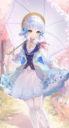 Rule 34 | 1girl, absurdres, ayaka (genshin impact), blue dress, blue eyes, blue hair, blunt bangs, blunt tresses, braid, butterfly hair ornament, closed mouth, dress, falling petals, floral print, genshin impact, hair ornament, highres, holding, holding umbrella, kamisato ayaka, kamisato ayaka (springbloom missive), leng7 e, long sleeves, looking at viewer, mole, mole under eye, official alternate costume, official alternate hairstyle, outdoors, pantyhose, petals, smile, standing, umbrella, white dress, white pantyhose