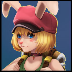 Rule 34 | 1girl, animal ears, ari rayoko, backpack, bag, bare shoulders, blonde hair, blue background, blue eyes, carrot (one piece), choker, closed mouth, commentary, ears through headwear, hat, looking at viewer, one piece, pink hat, rabbit ears, rabbit girl, short hair, simple background, smile, solo