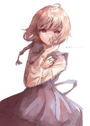Rule 34 | 1girl, assault lily, blue dress, braid, brown hair, dress, futagawa fumi, hand on own cheek, hand on own face, highres, jewelry, nue130, red eyes, ring, signature, solo