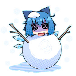 Rule 34 | circled 9, 1girl, @ @, ahoge, blue hair, bow, chinchickrin, cirno, hair bow, lowres, short hair, snow, snowman, solo, embodiment of scarlet devil, touhou