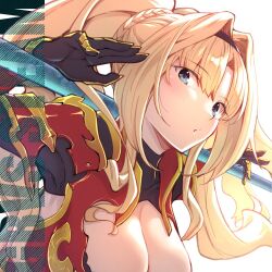 Rule 34 | 1girl, armor, blonde hair, blue eyes, braid, breasts, cleavage, cleavage cutout, clothing cutout, commentary request, english text, from below, from side, gauntlets, granblue fantasy, granblue fantasy versus, hair intakes, hairband, large breasts, long hair, looking at viewer, ma ma gobu, over shoulder, parted lips, polearm, red armor, simple background, solo, twintails, upper body, weapon, weapon over shoulder, white background, zeta (granblue fantasy)