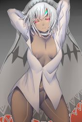Rule 34 | 1girl, altera (fate), alternate costume, arms behind head, arms up, blouse, closed mouth, commentary request, dark-skinned female, dark skin, dateya torahachi, fate/grand order, fate (series), hair between eyes, headwear request, highres, looking at viewer, naked shirt, no bra, no panties, red eyes, shirt, simple background, solo, thighhighs, white hair, white shirt