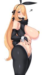 Rule 34 | 1girl, ass, blonde hair, blush, bouhatei (t-back), breasts, creatures (company), cynthia (pokemon), from side, game freak, grey eyes, hair over one eye, highres, large breasts, legs, leotard, long hair, looking at viewer, maebari, navel, nintendo, pasties, playboy bunny, pokemon, pokemon dppt, rabbit ears, sideboob, solo, thick thighs, thighs