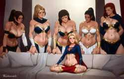 Rule 34 | 6+girls, amazon warrior, armor, artist name, bare shoulders, bikini armor, blonde hair, blue eyes, boots, breasts, cape, circlet, cleavage, couch, crop top, dc comics, female focus, highres, imminent gangbang, large breasts, long hair, looking at viewer, medium breasts, meme, midriff, miniskirt, multiple girls, muscular, muscular female, navel, on couch, petite, piper perri surrounded (meme), red cape, signature, skirt, smile, stomach, supergirl, superhero costume, superman (series), surrounded, surrounded, tarakanovich, western comics (style), wonder woman (series), yuri