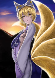 Rule 34 | 1girl, :o, animal hat, blonde hair, breast hold, breasts, cloud, dress, fox tail, hat, hat with ears, hoshara, index finger raised, long sleeves, looking at viewer, looking to the side, md5 mismatch, mob cap, multiple tails, narrowed eyes, open mouth, resolution mismatch, sky, solo, source larger, sunset, tabard, tail, touhou, upper body, yakumo ran, yellow eyes