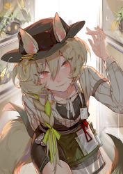 Rule 34 | 1girl, absurdres, animal, arknights, beanstalk (arknights), black headwear, black shirt, black shorts, blonde hair, bow, braid, chinese commentary, cowboy shot, crab, ears through headwear, green bow, hair bow, hand up, highres, hyena ears, hyena girl, hyena tail, id card, jacket, long hair, looking at viewer, metal crab (arknights), red eyes, see-through, shirt, shorts, solo, white jacket, yumingtongxue