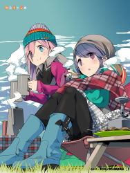 Rule 34 | 2girls, afro, backpacking stove, beanie, black legwear, blanket, blue eyes, blue hair, blue sky, boots, chair, closed mouth, cloud, coffee pot, cup, folding chair, folding table, food, grass, hat, highres, holding, holding cup, holding food, kagamihara nadeshiko, multiple girls, official art, outdoors, pantyhose, parted lips, pink hair, plate, portable stove, purple eyes, s&#039;more, scarf, shima rin, sidelocks, sitting, sky, smile, standing, table, tent, winter clothes, yurucamp