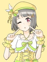 Rule 34 | 1girl, :o, artist name, artist request, blush, bow, breasts, brown hair, collarbone, crescent, crescent hair ornament, cross-laced clothes, cross-laced dress, diamond (love live!), dress, feathers, female focus, frilled dress, frills, green bow, green ribbon, grey hair, hair ornament, hat, hat feather, light brown hair, looking at viewer, love live!, love live! nijigasaki high school idol club, love live! school idol festival, mochikinchaku, nakasu kasumi, odenno gu desu, one eye closed, parted lips, pointing, pointing at self, purple eyes, red eyes, ribbon, short hair, small breasts, smile, solo, star (symbol), star hair ornament, upper body, white feathers, wrist cuffs, yellow background, yellow bow, yellow dress, yellow hat, yellow ribbon, yellow wrist cuffs