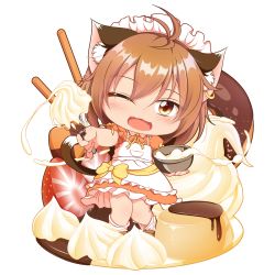 Rule 34 | 1girl, ;3, ;d, ahoge, alternate costume, animal ears, apron, blush, bowl, brown eyes, brown footwear, brown hair, cat ears, cat tail, checkerboard cookie, chen, chibi, commentary request, cookie, doughnut, earrings, enmaided, fang, food, frilled apron, frilled skirt, frills, fruit, hair between eyes, head tilt, highres, holding, holding bowl, icing, jewelry, knees together feet apart, kurumai, looking at viewer, maid, maid apron, maid headdress, multiple tails, one eye closed, open mouth, orange shirt, orange skirt, outstretched arm, pocky, pudding, puffy short sleeves, puffy sleeves, ribbon, shirt, short hair, short sleeves, simple background, single earring, skirt, smile, solo, standing, strawberry, tail, touhou, transparent background, whisk, white background, white legwear, yellow neckwear, yellow ribbon