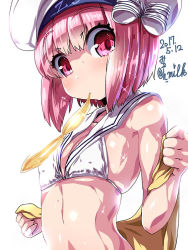 Rule 34 | 10s, 1girl, bikini, dated, flat chest, hat, kantai collection, miuku (marine sapphire), mouth hold, pink hair, red eyes, sailor bikini, sailor collar, short hair, signature, simple background, solo, swimsuit, tupet, upper body, white background, white bikini, white hat, white sailor collar, z3 max schultz (kancolle)