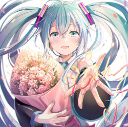 Rule 34 | 1girl, aqua eyes, aqua hair, bad id, bad pixiv id, blush, commentary request, eyelashes, floating hair, flower, hair between eyes, hatsune miku, holding, holding flower, long hair, looking at viewer, nail polish, open mouth, outstretched hand, pink flower, solo, spread fingers, tongue, very long hair, vocaloid, wide sleeves, yuuka nonoko
