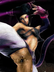 Rule 34 | 1girl, black hair, breasts, capcom, censored, crop top, female focus, fighting stance, fingerless gloves, gloves, han juri, leg lift, lowres, midriff, official art, pink eyes, pussy, short twintails, smile, solo, street fighter, street fighter iv (series), third-party edit, twintails