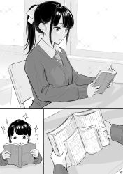 Rule 34 | + +, 1girl, absurdres, blush, book, bow, cardigan, chair, closed mouth, collared shirt, desk, greyscale, hair bow, highres, holding, holding book, long hair, monochrome, necktie, on chair, open book, open mouth, original, ponytail, school chair, school desk, school uniform, shirt, sitting, sparkle, takenoko no you, translation request