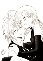 Rule 34 | 10s, 1boy, 1girl, antenna hair, artist name, bare shoulders, blush, buttons, carrying, closed eyes, couple, dated, detached sleeves, earrings, elizabeth liones, eyes visible through hair, greyscale, grin, hair between eyes, happy, harumiya, highres, jewelry, long hair, meliodas, monochrome, nanatsu no taizai, necktie, open mouth, princess carry, smile