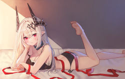 Rule 34 | 1girl, arknights, ass, bandages, bare arms, bare shoulders, barefoot, black choker, black panties, blush, breasts, camisole, choker, cleavage, commentary, crop top, feet up, hair between eyes, highres, horns, infection monitor (arknights), large breasts, long hair, looking at viewer, lying, midriff, mudrock (arknights), mudrock (elite ii) (arknights), on stomach, panties, pointy ears, red eyes, sarashi, side-tie panties, silver hair, solo, spaghetti strap, strap slip, sugarhigh, the pose, underwear