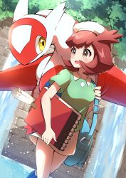 Rule 34 | 1girl, absurdres, bag, bianca (pokemon heroes), blue bag, blush, brown eyes, brown hair, commentary request, creatures (company), day, eyelashes, flipped hair, game freak, gen 3 pokemon, green shirt, hat, highres, holding strap, latias, legendary pokemon, looking to the side, medium hair, nintendo, open mouth, outdoors, pokemon, pokemon (anime), pokemon (classic anime), pokemon (creature), pokemon heroes: latios &amp; latias, pon yui, shirt, sketchbook, smile, standing, water, waterfall, white headwear