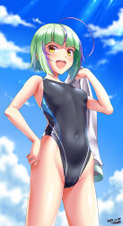 Rule 34 | 1girl, ahoge, blue sky, blush, breasts, cameltoe, cloud, competition swimsuit, covered navel, cowboy shot, dated, day, green hair, hand on own hip, highleg, highleg swimsuit, highres, holding, kantai collection, looking at viewer, multicolored hair, one-piece swimsuit, open mouth, orange eyes, outdoors, purple hair, short hair, signature, sky, small breasts, solo, swimsuit, take (kancolle), teeth, tsuchimiya, upper teeth only