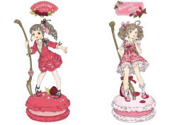 Rule 34 | 2girls, ahoge, beige legwear, brown hair, collarbone, dress, drill hair, english text, floral print, food, food-themed hair ornament, fork, frilled legwear, frills, fruit, full body, hair ornament, hand on own hip, holding, holding fork, index finger raised, jari (jyarijyari999), macaron, mary janes, multiple girls, original, outstretched arm, pantyhose, pink dress, pink footwear, puffy short sleeves, puffy sleeves, raspberry, raspberry hair ornament, red dress, red eyes, shirt, shoes, short sleeves, side ponytail, simple background, socks, standing, strawberry, strawberry hair ornament, twin drills, typo, white background, white legwear, white shirt